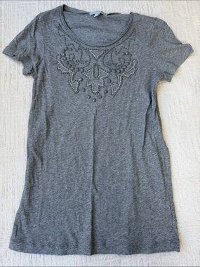 J. Crew Heather Gray Short Sleeve Scoop Neck Tee with Beaded Motif